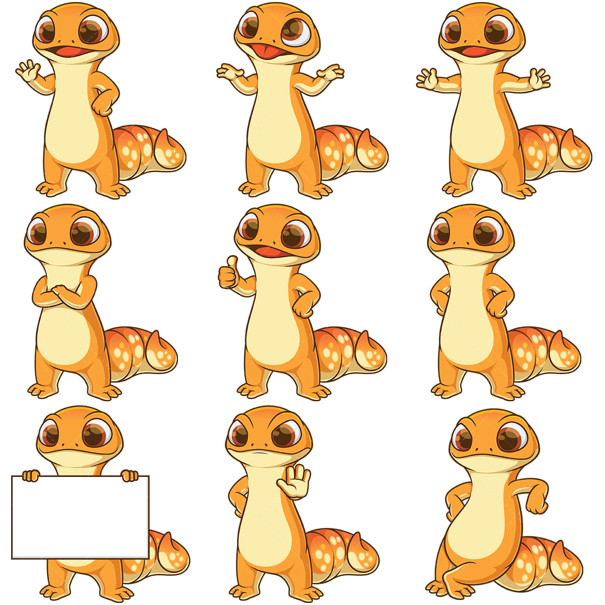 A bundle of 9 royalty-free stock vector illustrations of a gecko character.