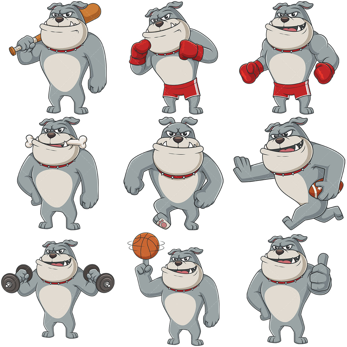 A bundle of 9 royalty-free stock vector illustrations of a gray bulldog mascot.