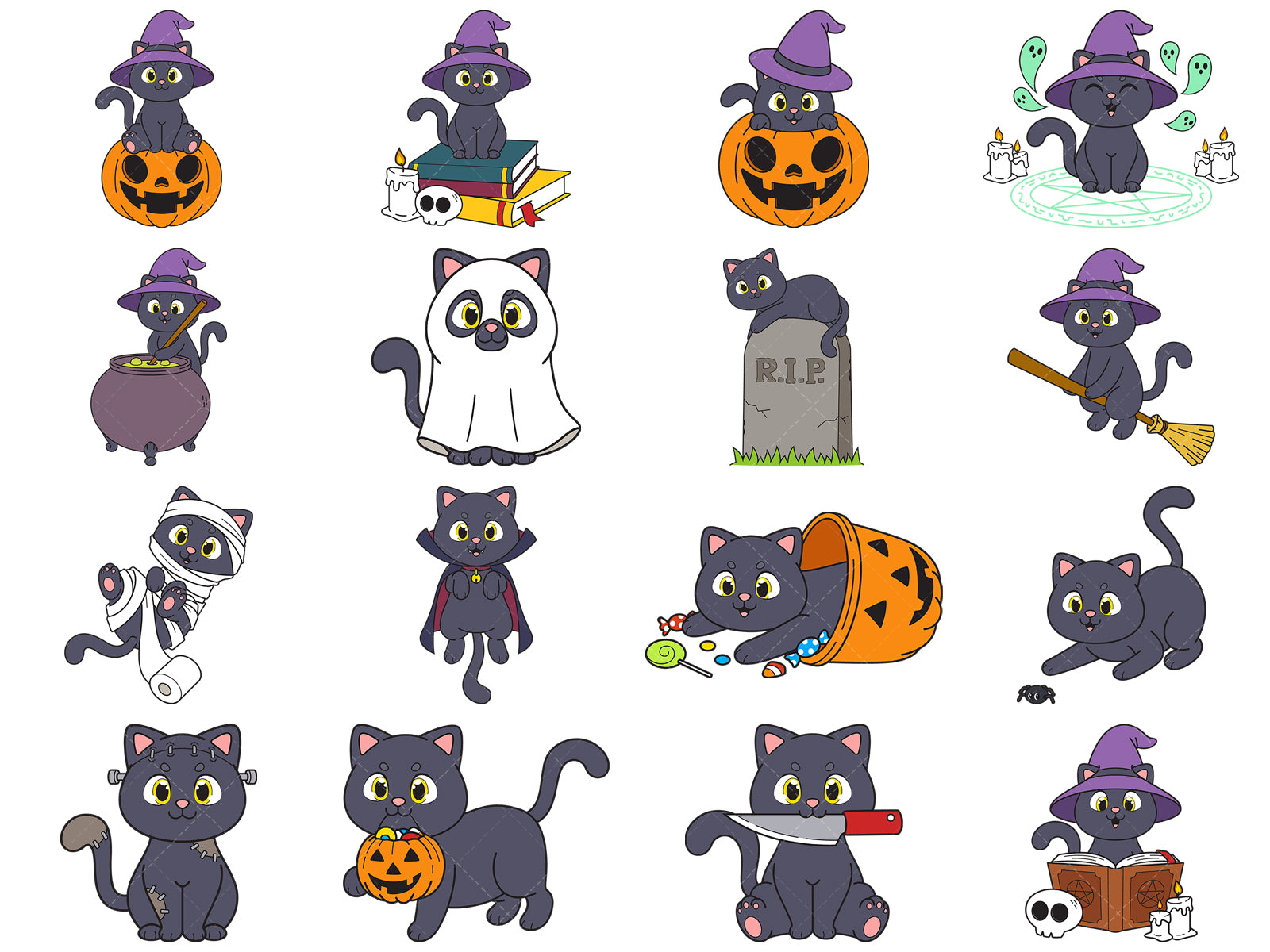 A bundle of 26 SVG (vector) images about a halloween cat.