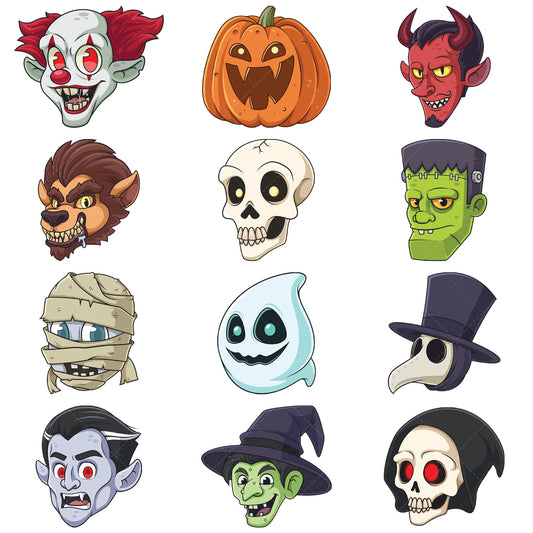 A bundle of 12 royalty-free stock vector illustrations of a halloween heads.