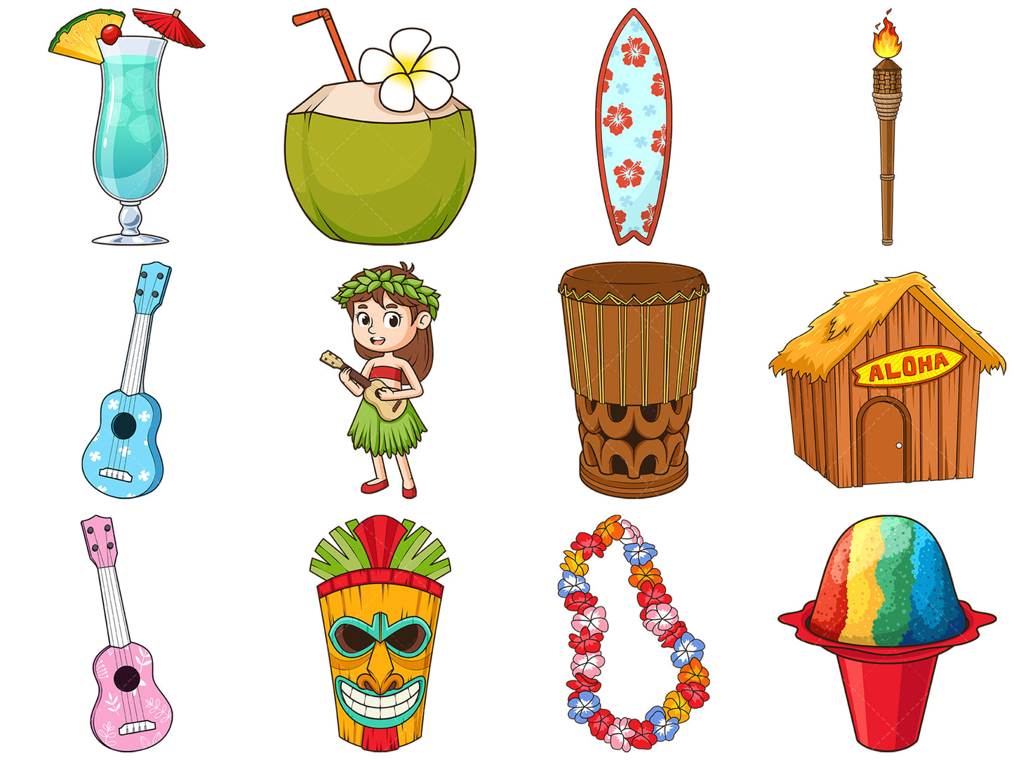 A bundle of 12 royalty-free stock vector illustrations of hawaii-themed design objects.