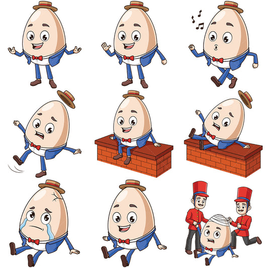 A bundle of 9 royalty-free stock vector illustrations of a humpty dumpty.