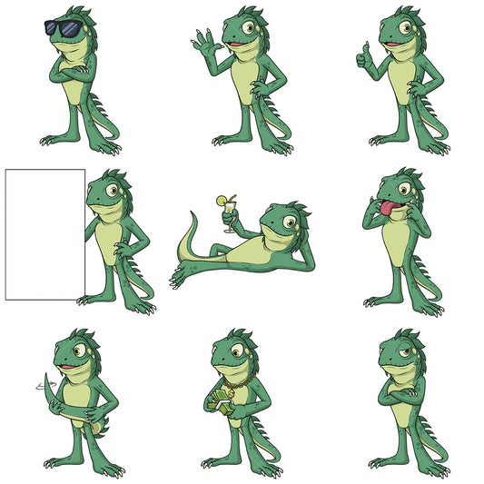 A bundle of 9 royalty-free stock vector illustrations of a iguana mascot character.