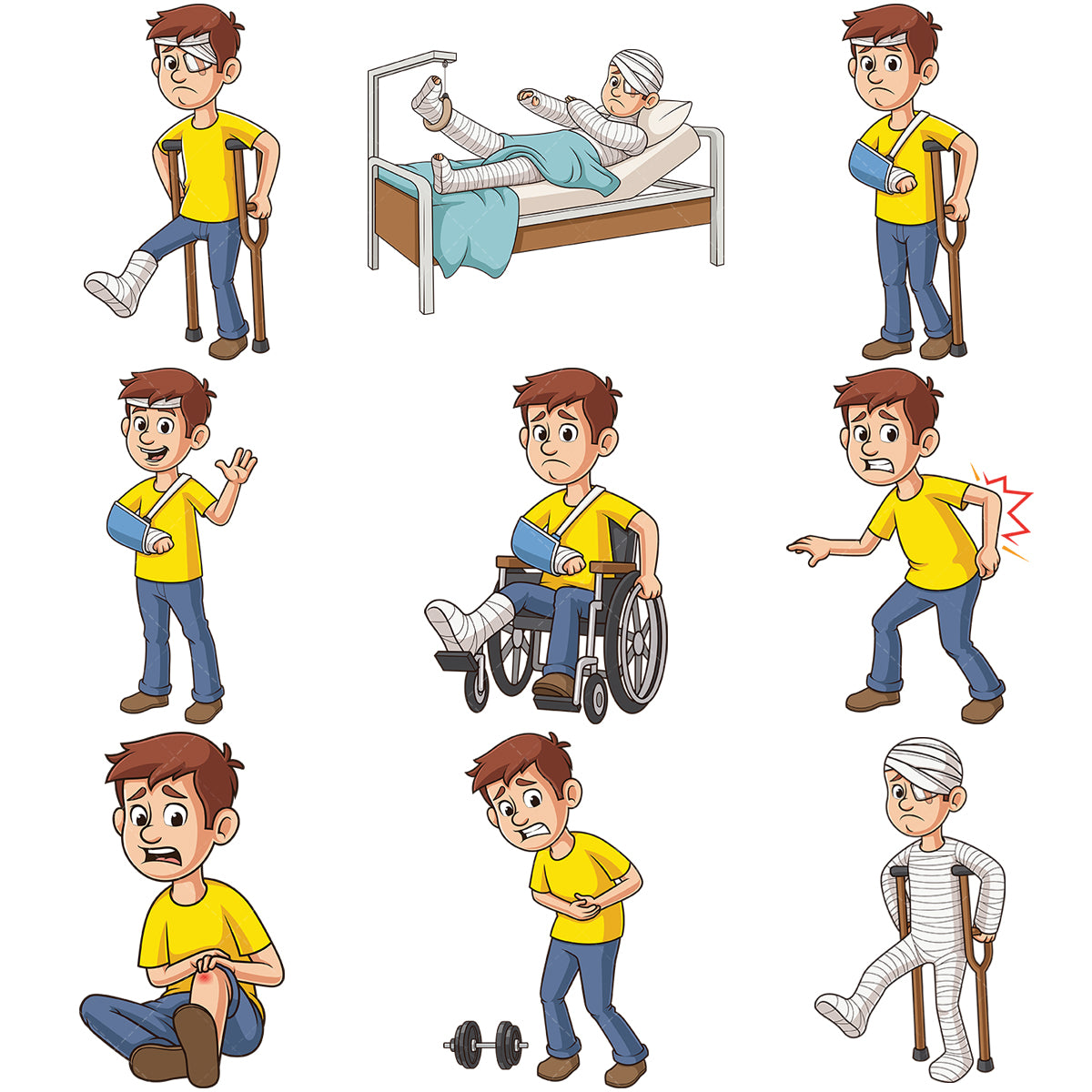 A bundle of 9 royalty-free stock vector illustrations of a injured man.