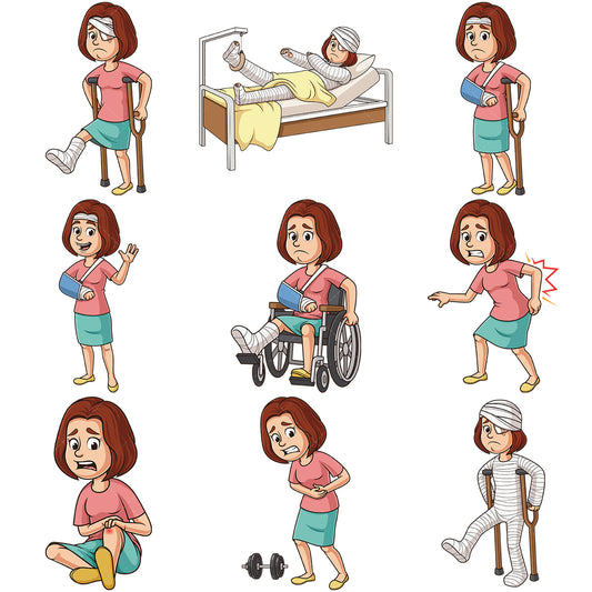 A bundle of 9 royalty-free stock vector illustrations of an injured woman.