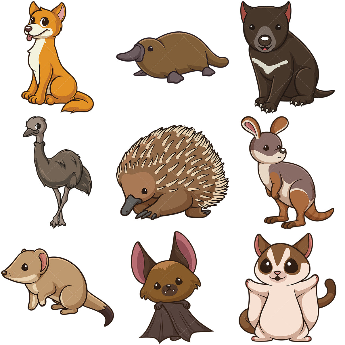 A bundle of 9 royalty-free stock vector illustrations of kawaii australian animals.