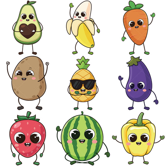 A bundle of 9 royalty-free stock vector illustrations of kawaii food & fruit.