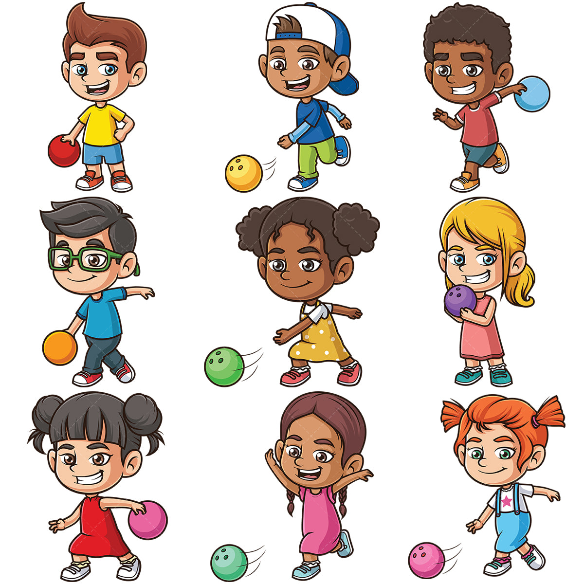 A bundle of 9 royalty-free stock vector illustrations of kids bowling.