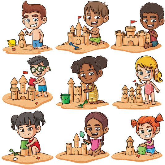 A bundle of 9 royalty-free stock vector illustrations of a kids building sandcastles.