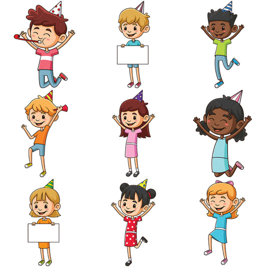 A bundle of 9 royalty-free stock vector illustrations of a kids celebrating birthdays.