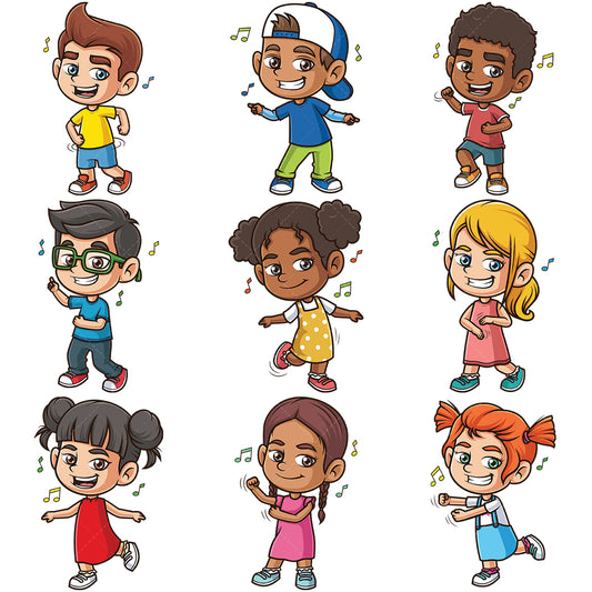 A bundle of 9 royalty-free stock vector illustrations of a kids dancing.