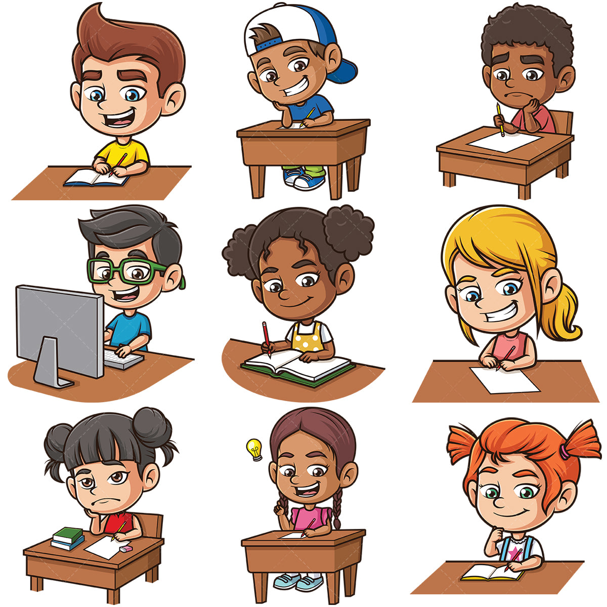 A bundle of 9 royalty-free stock vector illustrations of kids doing homework.