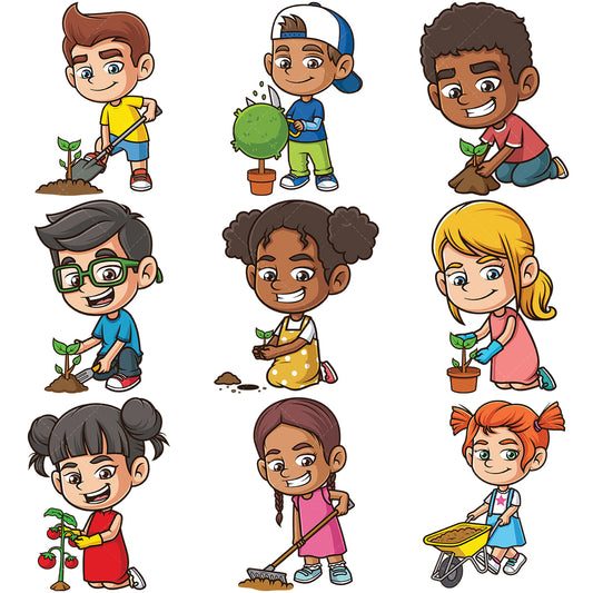 A bundle of 9 royalty-free stock vector illustrations of a kids gardening.