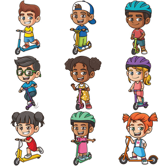 A bundle of 9 royalty-free stock vector illustrations of kids riding scooters.