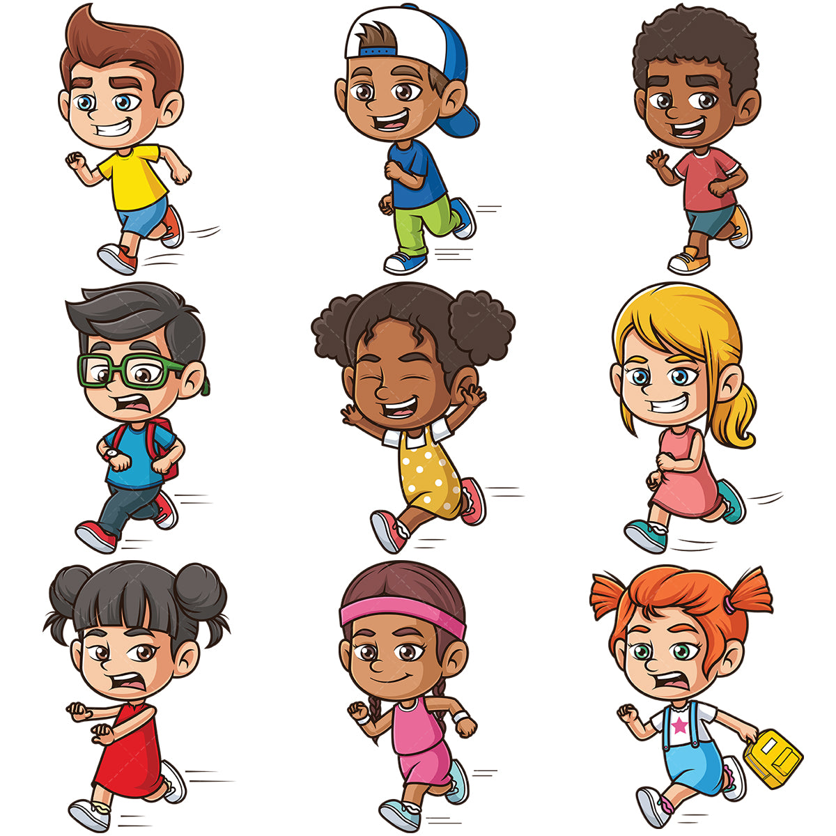 A bundle of 9 royalty-free stock vector illustrations of a kids running.