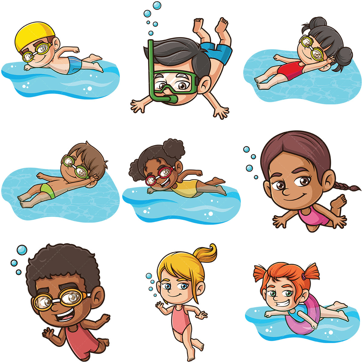 A bundle of 9 royalty-free stock vector illustrations of kids swimming.