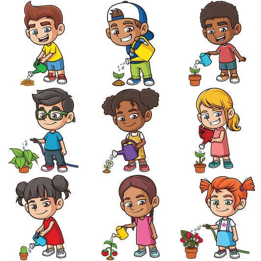 A bundle of 9 royalty-free stock vector illustrations of a kids watering plants.