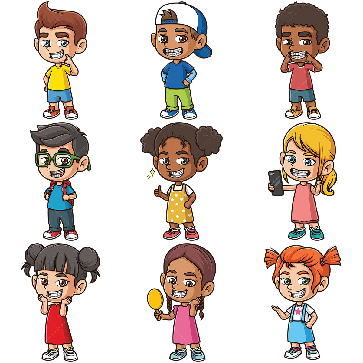 A bundle of 9 royalty-free stock vector illustrations of kids wearing braces.