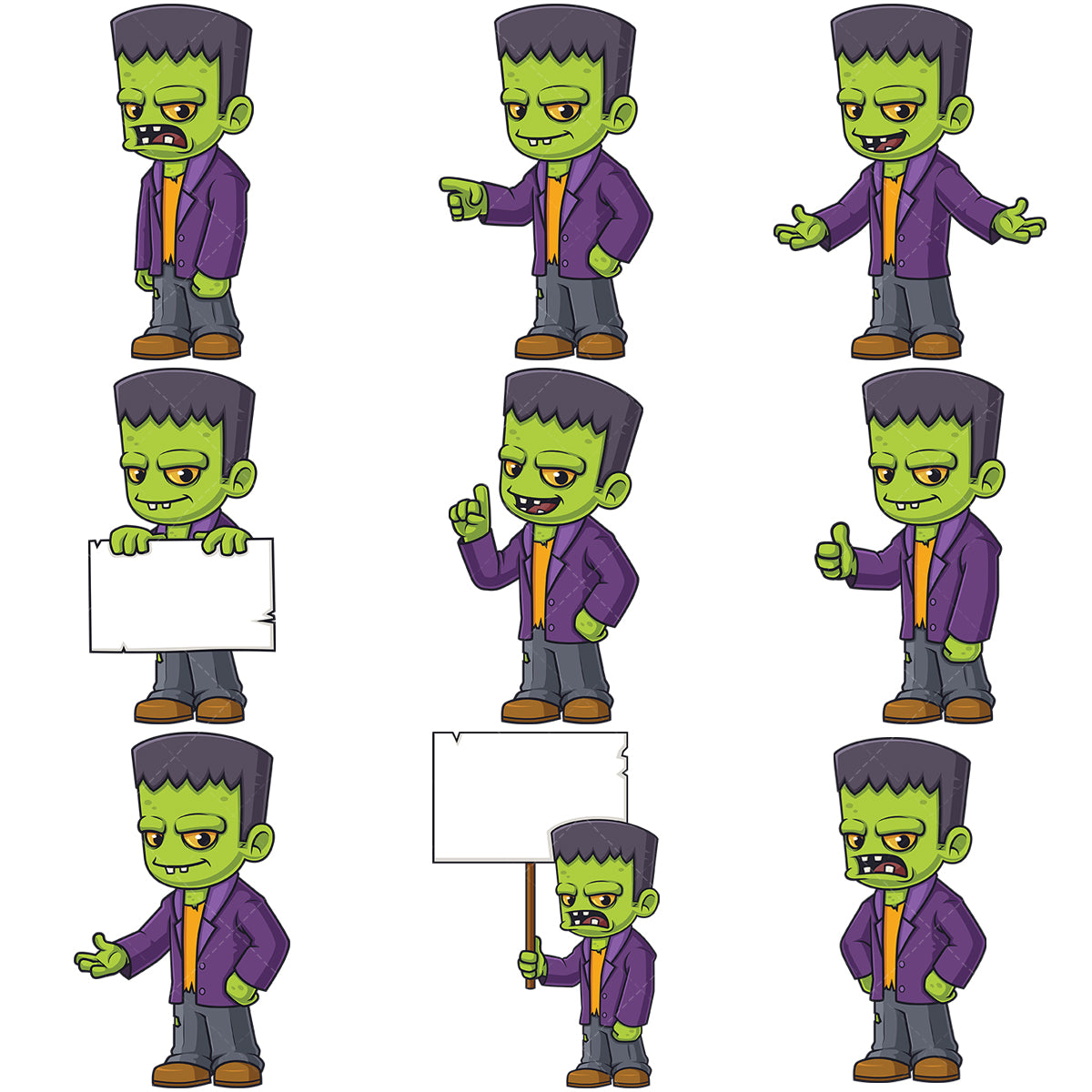 A bundle of 9 royalty-free stock vector illustrations of a little frankenstein character.