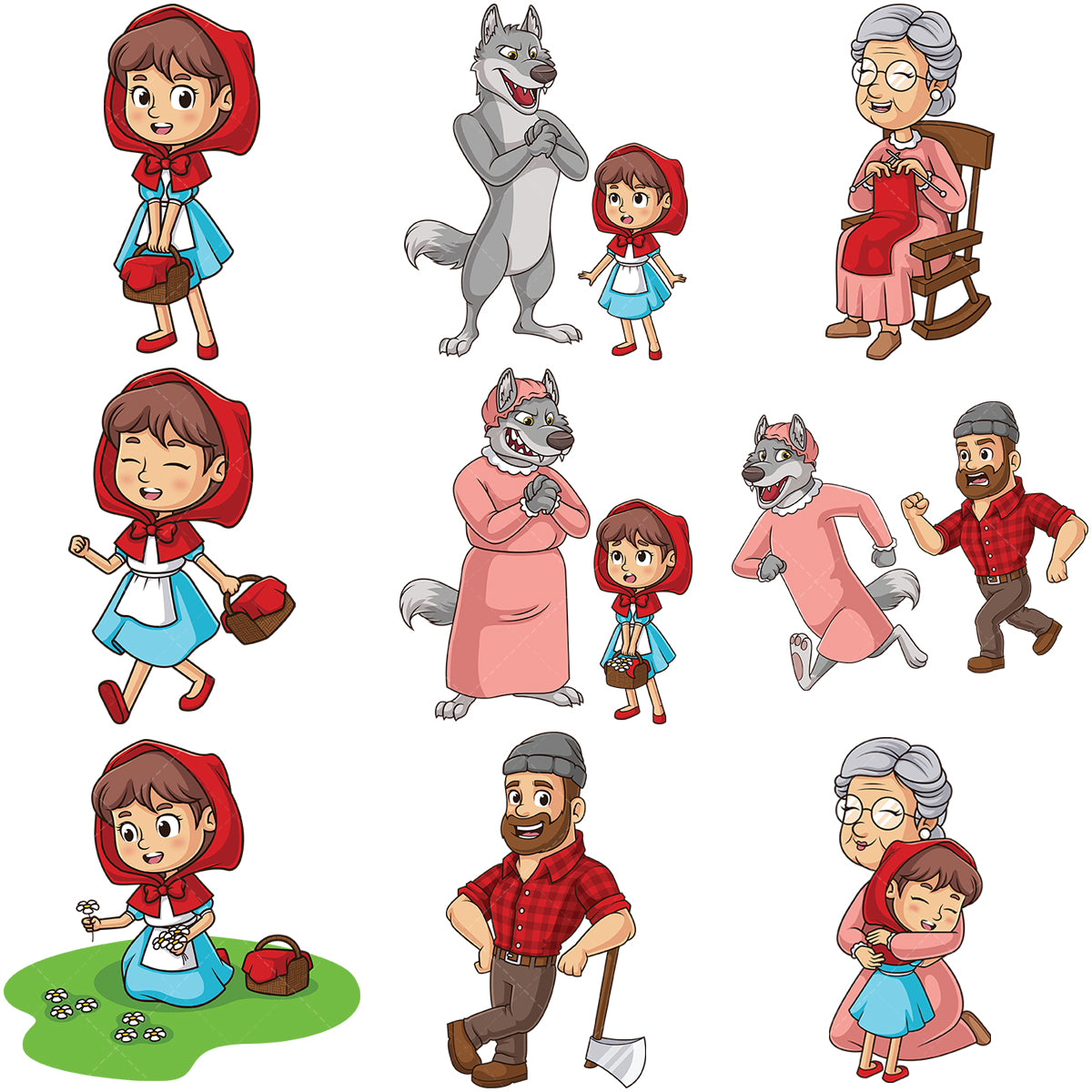 A bundle of 9 royalty-free stock vector illustrations of little red riding hood.