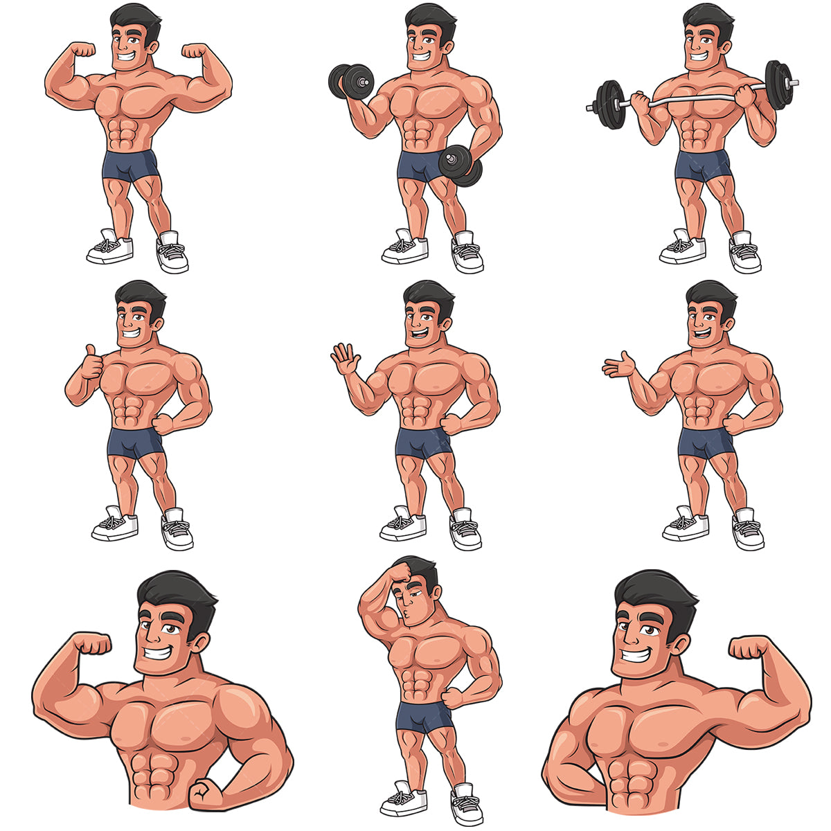 A bundle of 9 royalty-free stock vector illustrations of a male bodybuilder.