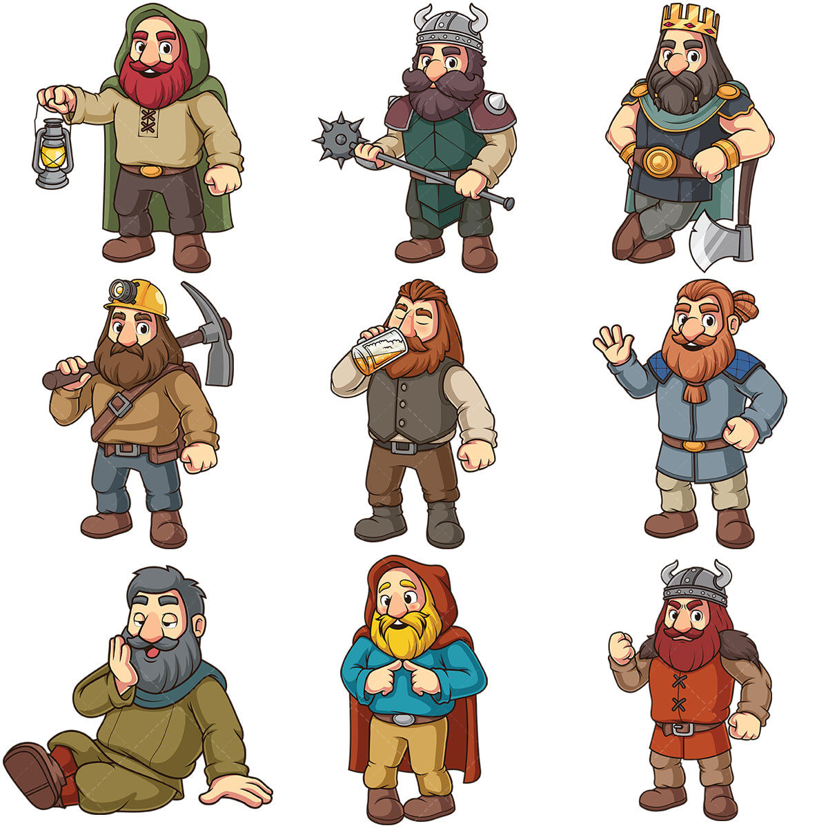 A bundle of 9 royalty-free stock vector illustrations of male fantasy dwarves.