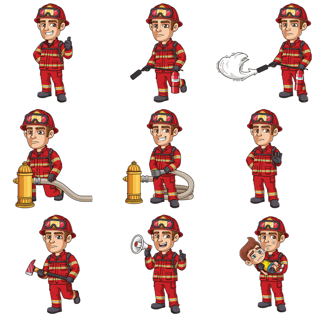 A bundle of 9 royalty-free stock vector illustrations of a male firefighter.