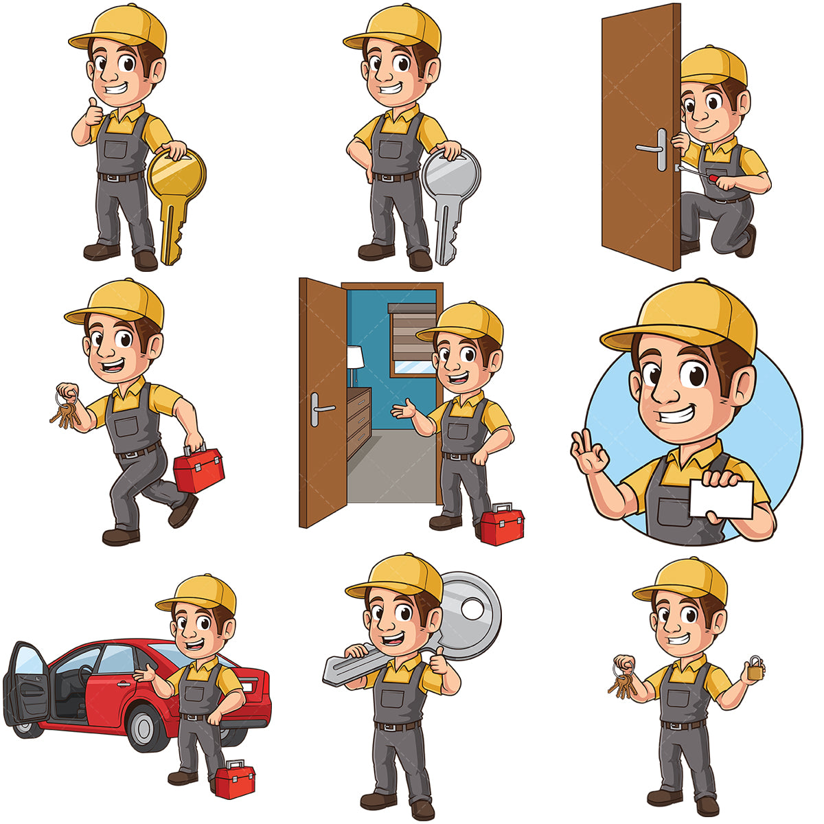 A bundle of 9 royalty-free stock vector illustrations of a male locksmith.