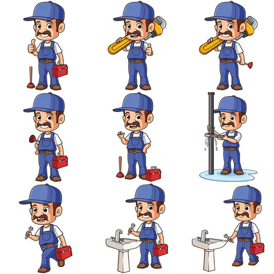 A bundle of 9 royalty-free stock vector illustrations of a male plumber.