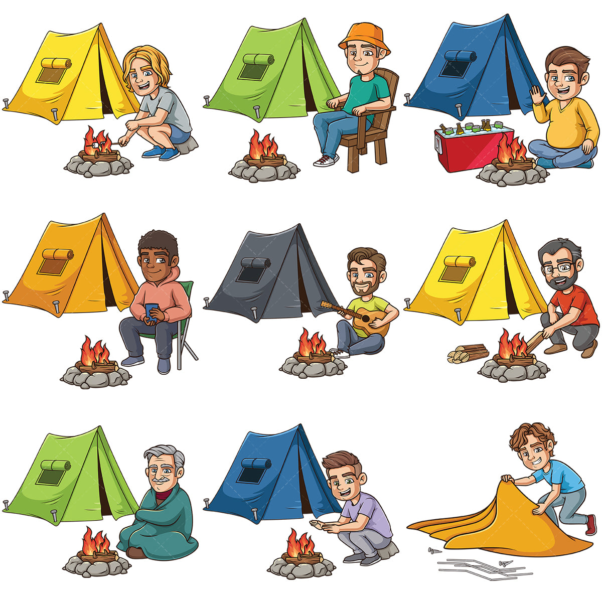 A bundle of 9 royalty-free stock vector illustrations of men camping.