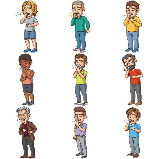 A bundle of 9 royalty-free stock vector illustrations of men coughing.