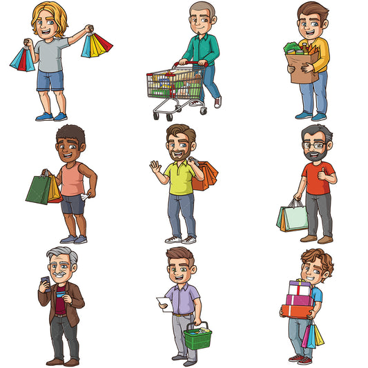 A bundle of 9 royalty-free stock vector illustrations of a men shopping.