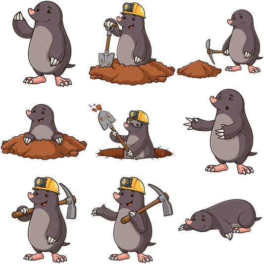 A bundle of 9 royalty-free stock vector illustrations of a mole mascot character.