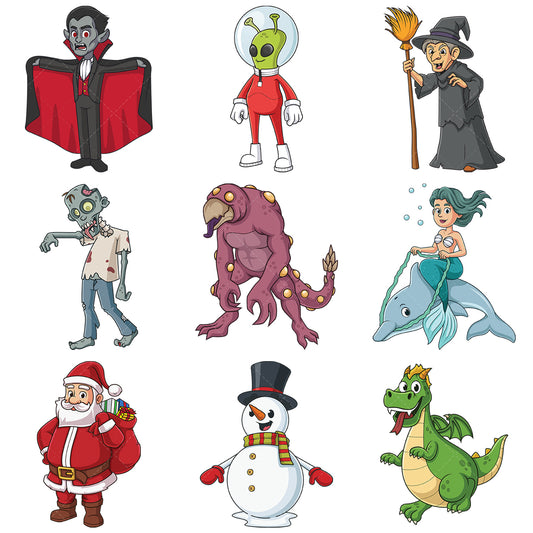 A bundle of 9 royalty-free stock vector illustrations of mythical creatures and monsters no3.