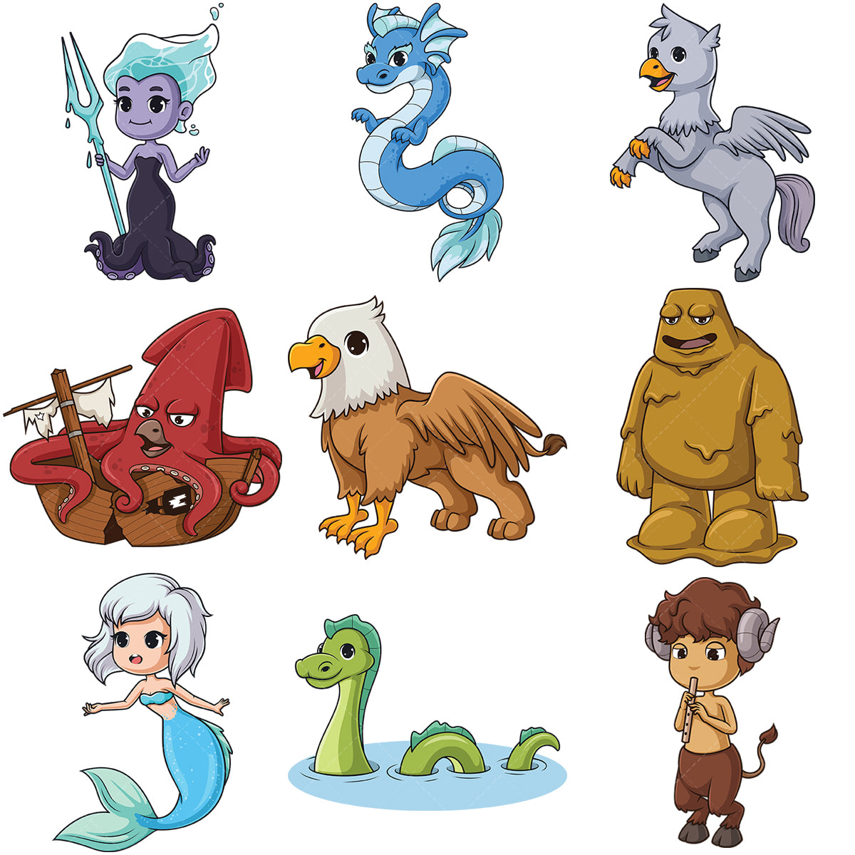 A bundle of 9 royalty-free stock vector illustrations of mythical creatures and monsters.