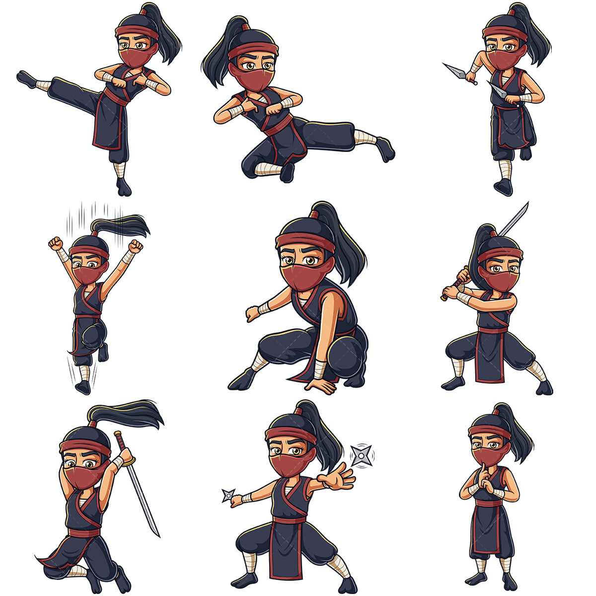 A bundle of 9 royalty-free stock vector illustrations of a ninja girls.