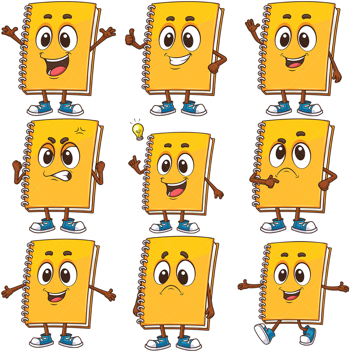 A bundle of 9 royalty-free stock vector illustrations of a notebook mascot.