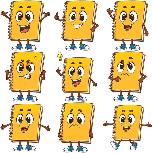 A bundle of 9 royalty-free stock vector illustrations of a notebook mascot.