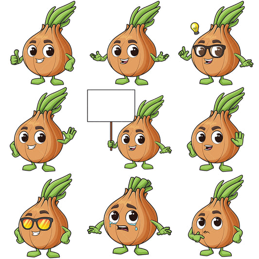 A bundle of 9 royalty-free stock vector illustrations of a onion mascot character.