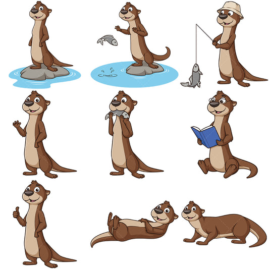 A bundle of 9 royalty-free stock vector illustrations of a otter mascot character.
