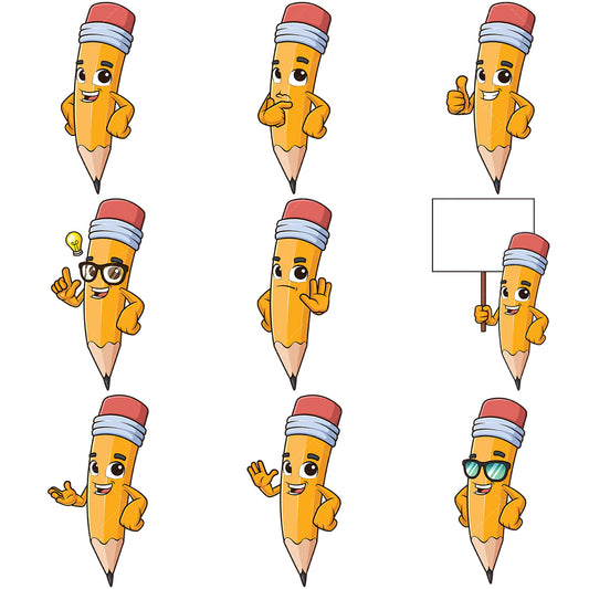 A bundle of 9 royalty-free stock vector illustrations of a pencil mascot character.