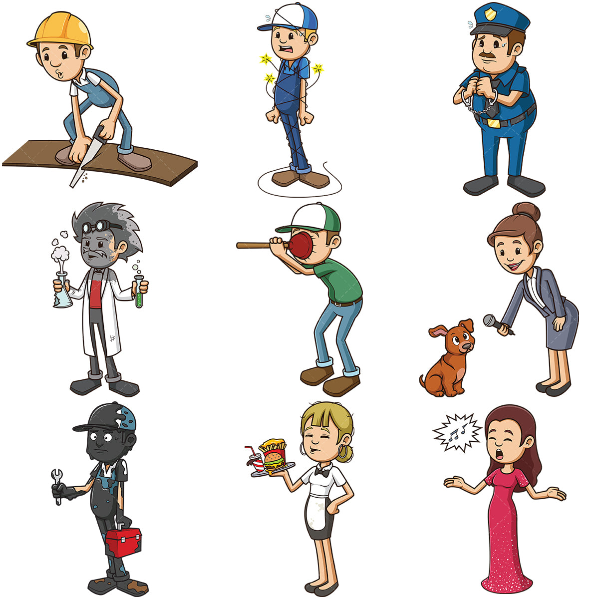 A bundle of 9 royalty-free stock vector illustrations of people bad at their jobs.