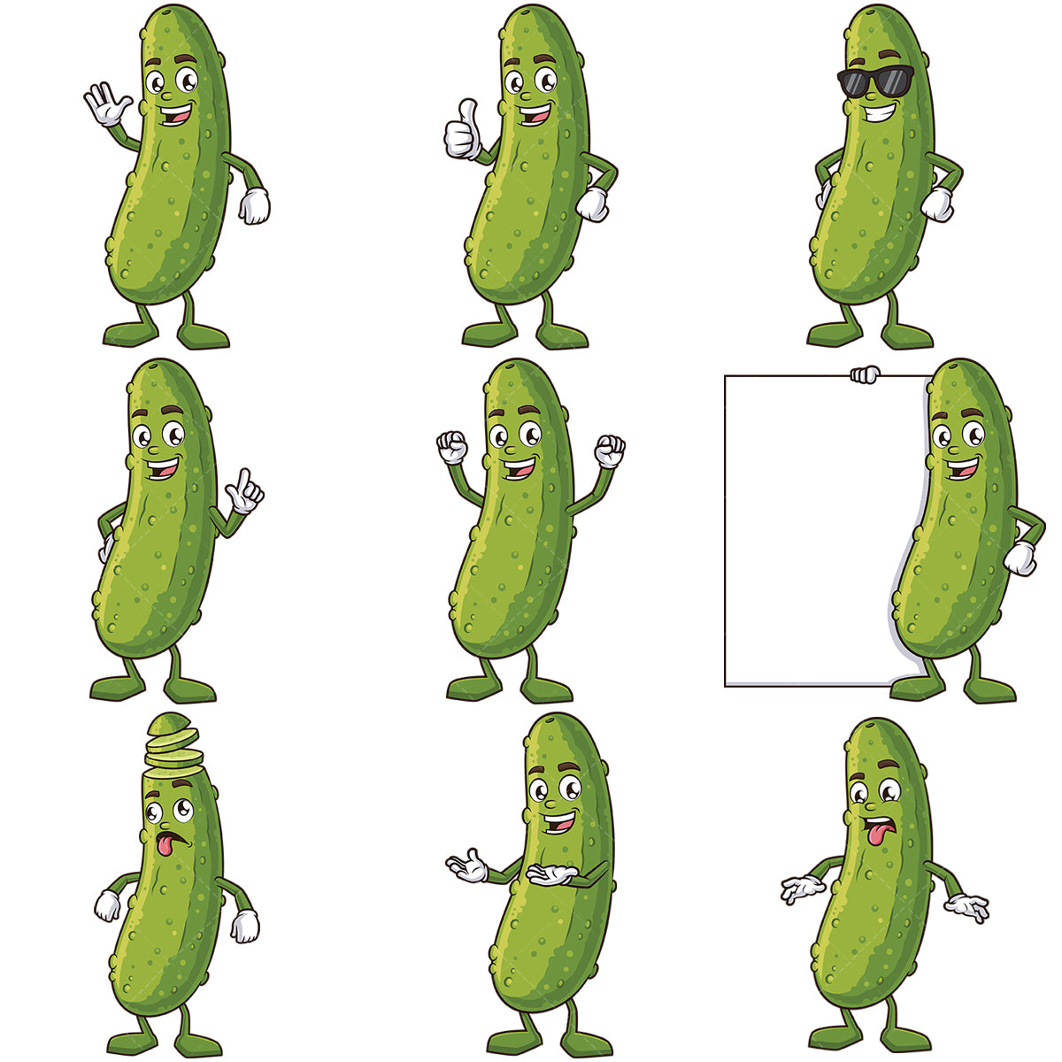 A bundle of 9 royalty-free stock vector illustrations of a pickle mascot character.