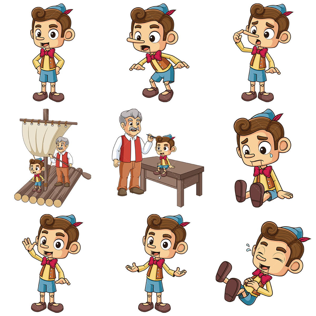 A bundle of 9 royalty-free stock vector illustrations of a pinocchio character.