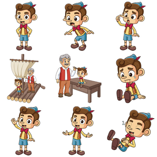 A bundle of 9 royalty-free stock vector illustrations of a pinocchio character.