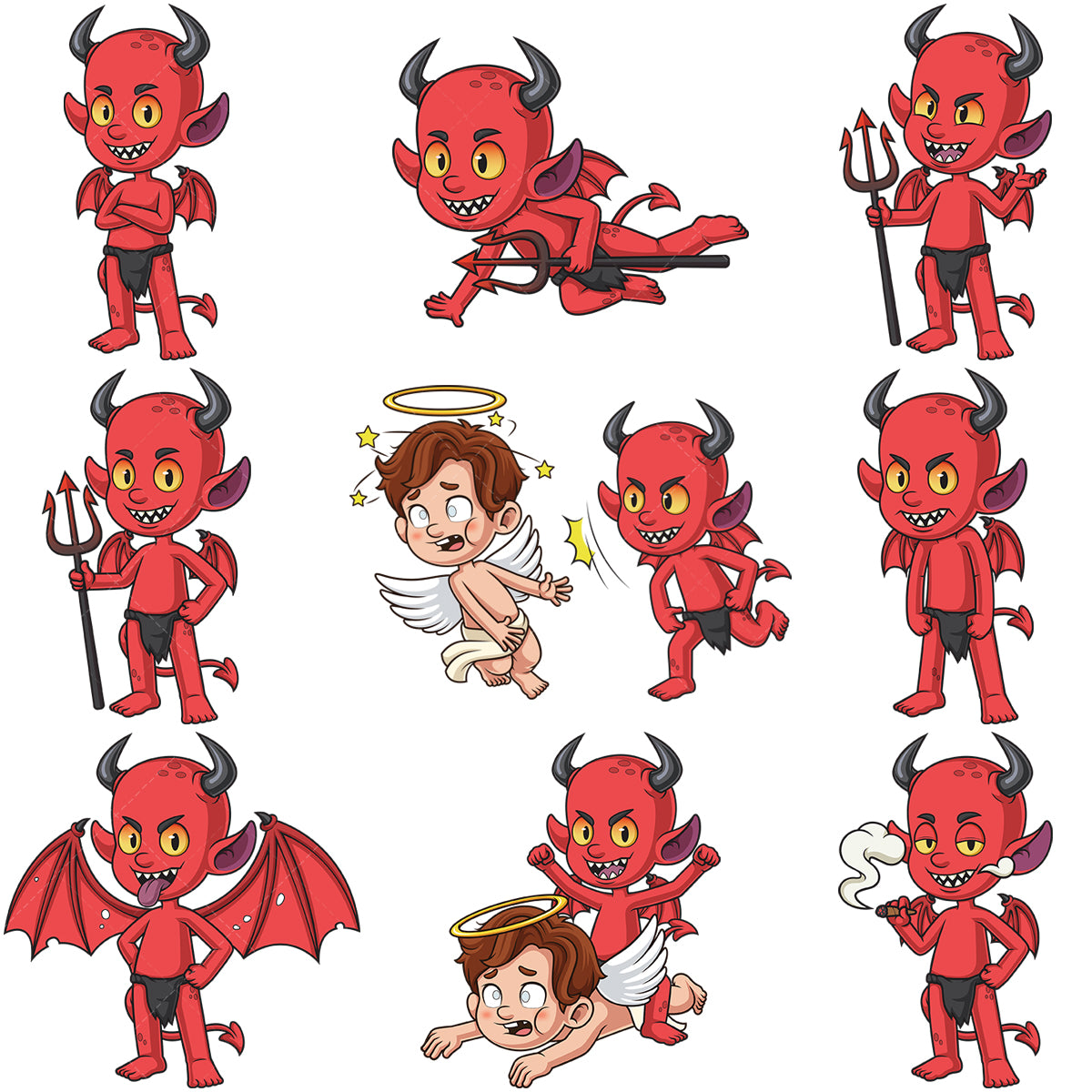 A bundle of 9 royalty-free stock vector illustrations of a red devil character.