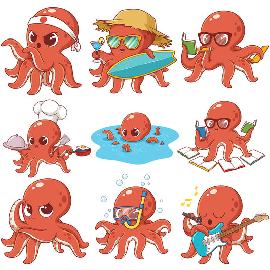 A bundle of 9 royalty-free stock vector illustrations of a red octopus.