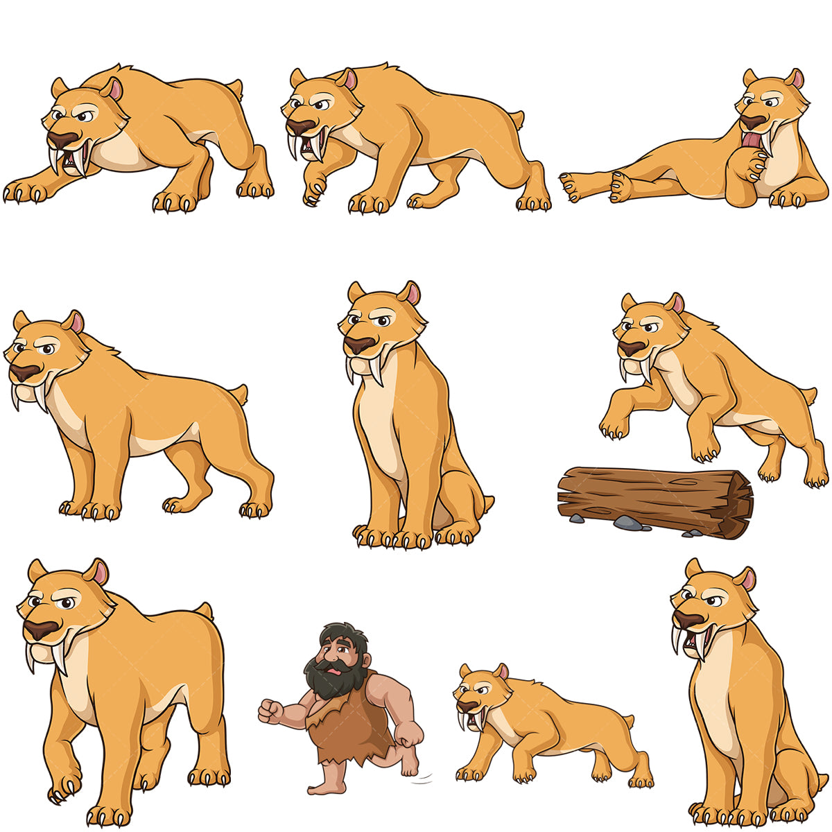 A bundle of 9 royalty-free stock vector illustrations of a saber-toothed predator cat.