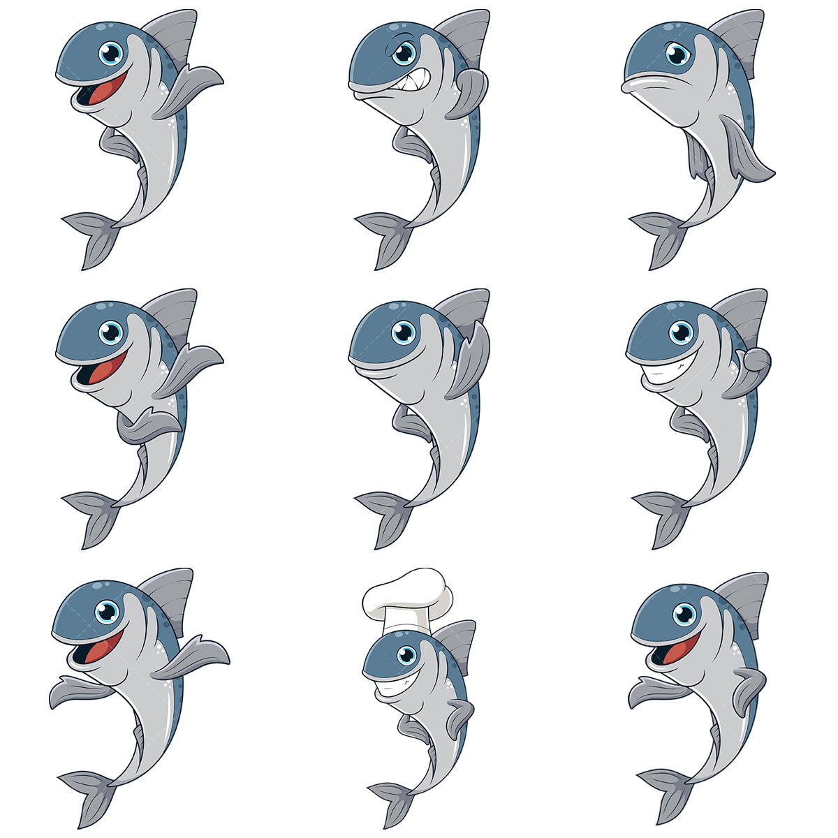 A bundle of 9 royalty-free stock vector illustrations of a sardine fish character.