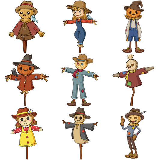 A bundle of 9 royalty-free stock vector illustrations of a scarecrows.